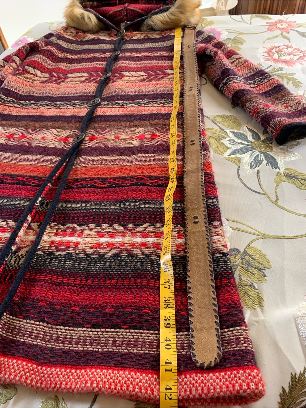 Vintage Boho Nepal-inspired Cardigan Sweater w Leather Belt & Faux Fur Hood - Picture 15 of 16